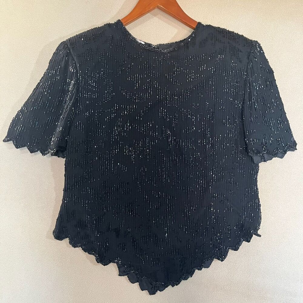 Laurence Kazar Vintage 80s‎ 100% Silk Black Beaded Asymetrical Party Blouse NYE